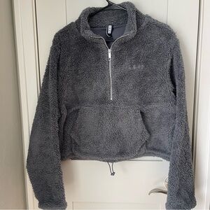 LSKD Sherpa Crew Fleece Crop Sweatshirt Womens Large Gray Half Zip Pullover Fuzz